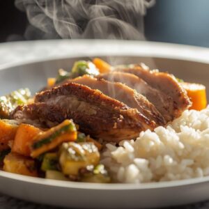 Lombo de Porco no Forno com Legumes Assados e Arroz